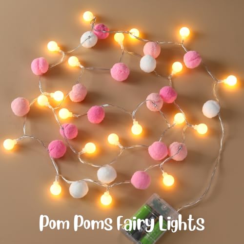 9.84FT Pom Poms Fairy Lights 30 LED Battery & USB Operated String Lights - color: Pink, size: 9.84 FT