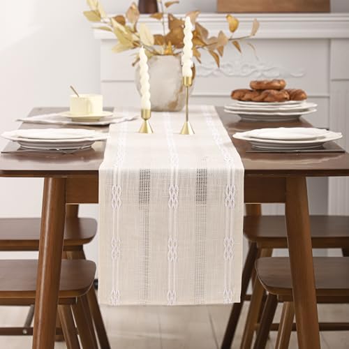 Boho Beige Table Runner 12×120 Long White Stripe Boho Fall Decor - color: White Stripes