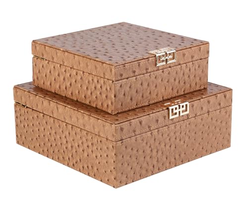 HofferRuffer Square Decorative Boxes, Set of 2 Nesting Storage Memory Keepsake Boxes with Lids, Stylish PU Leather Trinket Jewelry Organizer Box for Home Decor and Storage (Camel Ostrich) - color: Camel Ostrich