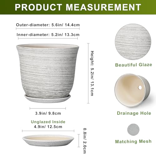 Ceramic Pots for Plants, 5.6 Inch Plant Pot with Drainage, Grey - color: Grey-white, size: 6 Inch