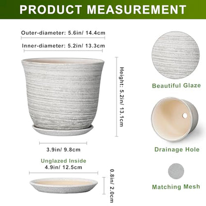 Ceramic Pots for Plants, 5.6 Inch Plant Pot with Drainage, Grey - color: Grey-white, size: 6 Inch