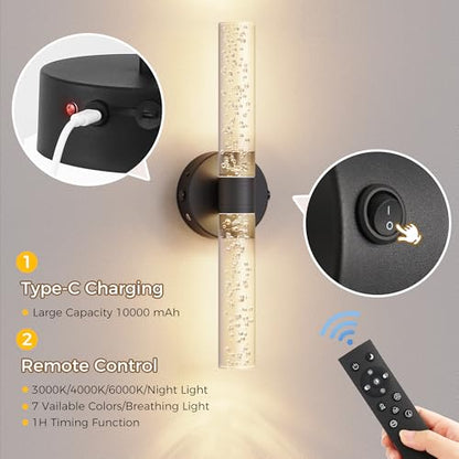 Battery Operated Wall Sconces Set of 2, 10000mAh Rechargeable Wall Light - color: Black, size: 18 inch