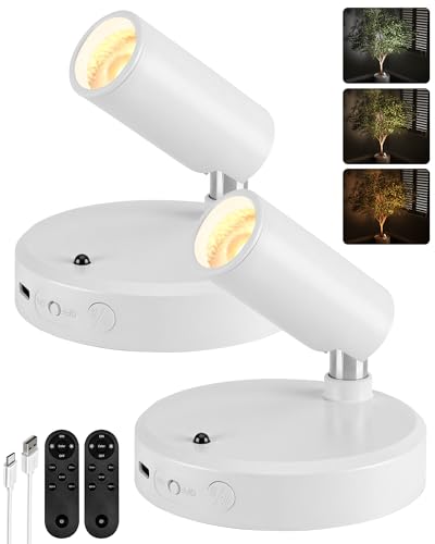 EZVALO Spot Lights Indoor, 5500mAh Rechargeable Picture Lights with Remote, Wireless Mini Art Accent Spotlights with Timer & Dimmable, 3-CCT, Uplights Indoor for Plants, Display (2-Pack-White) - color: White