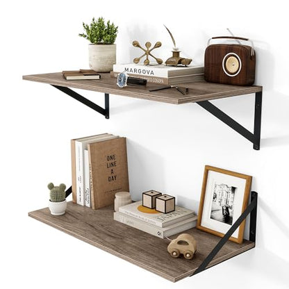 Heimlove 24W x 12D Deep Floating Shelves Set of 2 Grey - color: Grey With Black Metal Bracket, size: 24Wx12Dx5.8H