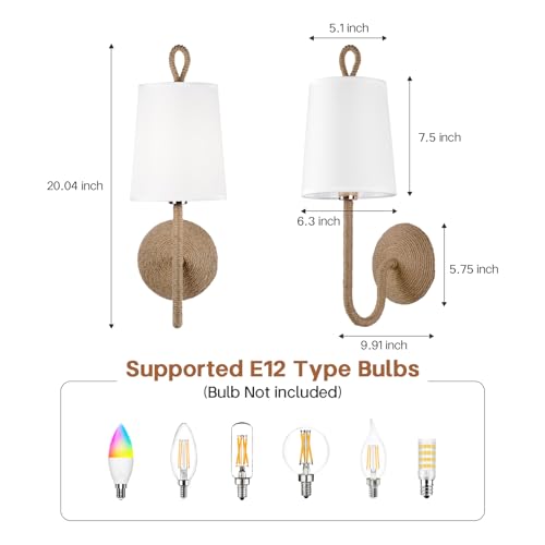 Natural Rattan Wall Sconce Set of 2: Boho Coastal Rope Woven Lamps with Linen Fabric Shades for Living Room, Bedroom, Bedside, Vanity and Hallway - color: Hardwired