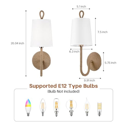 Natural Rattan Wall Sconce Set of 2: Boho Coastal Rope Woven Lamps with Linen Fabric Shades for Living Room, Bedroom, Bedside, Vanity and Hallway - color: Hardwired