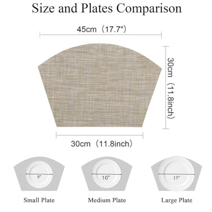 SHACOS Wedge Placemats Set of 4 for Small Round Table Woven Vinyl Curved Placemats Wipe Clean Circle Table Mats Indoor Outdoor, Beige - color: Linen Beige