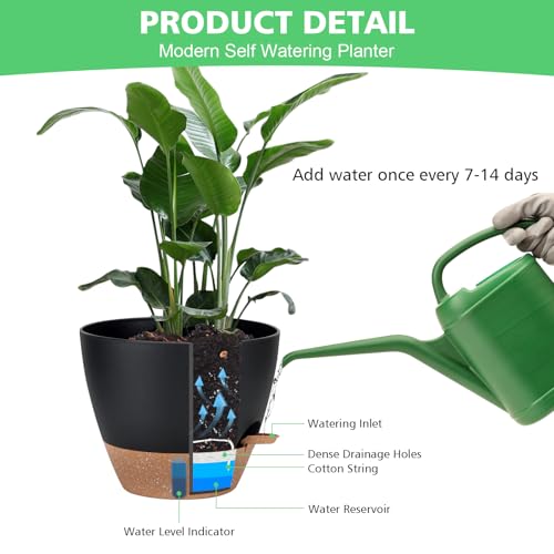12" 10" 9" 8" Self Watering Pot for Indoor Plants, Large Plastic Planters Set with Water Level Indicator Deep Reservoir Tray, Bottom Watering Big Flower Pots with Mesh Drainage Hole - Black - color: Black