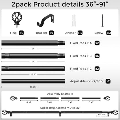 2 Pack Black Curtain Rod 36-91, 1 Inch Curtain Rods for Windows - color: Black, size: 36"-91" (2 Pack)