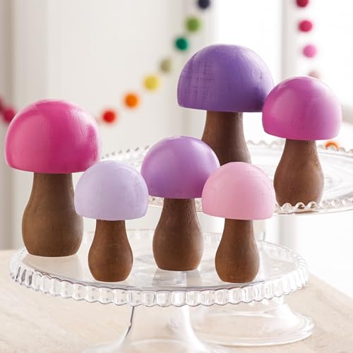 Your Heart's Content Wood Mushrooms Set of 6 (Pink Purple Paint 6) - color: Pink Purple 6