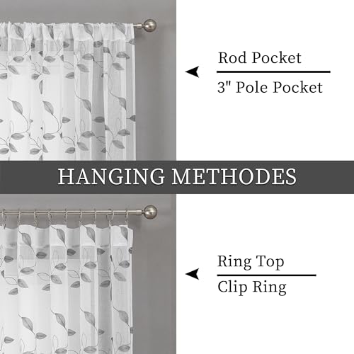 Tollpiz Grey Leaf Sheer Curtain Bedroom Short 38 x 45 Inches - color: Grey, size: 38"W x 45"L (Pack of 2)