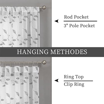 Tollpiz Grey Leaf Sheer Curtain Bedroom Short 38 x 45 Inches - color: Grey, size: 38"W x 45"L (Pack of 2)