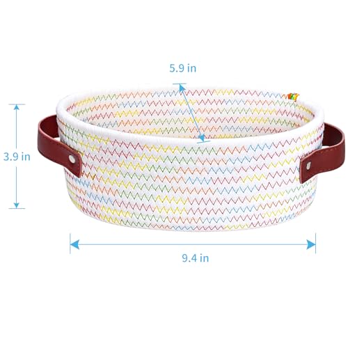 ABenkle Small Woven Basket, Mini Cotton Rope Storage Basket, Tiny Easter Basket, Shelf Basket, Oval Decorative Toy Dog Cat Basket for Nursery, Empty Gift Basket, 9.4" x 5.9" x 3.9" XS - color: Colorful Thread