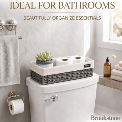 Brookstone Over the Toilet Tank Wicker Storage Basket, Bathroom and Closet Organizers and Storage Bins with Fabric Liner, Grey, 2 Pack Set - color: Grey Two Pack with Liner