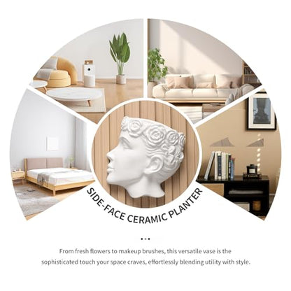 Side-Face Ceramic Planter – Glossy White, Wall-Hanging, with Drainage – 6.7"" Artistic Female Face Vase - color: White Face Planters