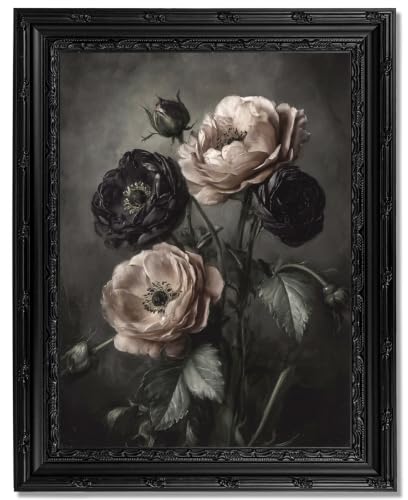 Dark Floral Gothic Wall Art Framed, Vintage Black Poppy Flower Canvas Print with Ornate Carved Frame, Dark Academia Aesthetic Wall Decor for Bedroom Living Room Halloween - color: Black Poppy Flower, size: 16"L x 12"W