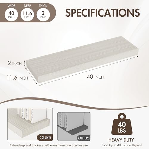 Acovy 40 Inch Floating Shelves, 12" Deep Floating Shelf Wall Mounted, 40" Wall Shelves, Rustic Deep Bookshelf, Extra Deeper & Thicker Display Shelves for Bedroom, Living Room, Gray, Set of 2 - color: Grey, size: 12"Wx40"L-2pcs