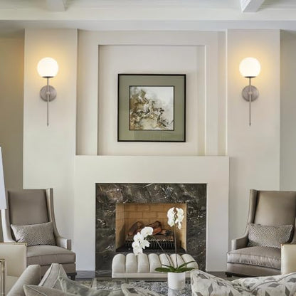 Globe Battery Operated Sconce Set of 2 with Clear Glass Lampshade - color: Brushed Nickel-Frosted White