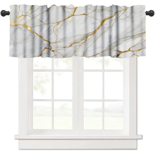 Gold White Marble Valance, Abstract Modern Luxury Vintage Marbling Ink Art Painting Rod Pocket Short Window Valance Curtain for Kitchen Bedroom Cafe Living Room, 54x18inch - color: Marble-12