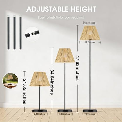 Solar Outdoor Floor Lamp with Rattan Shade, Adjustable Height