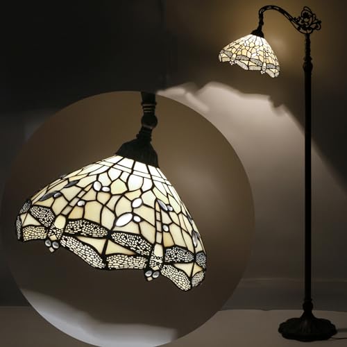 WERFACTORY Tiffany Floor Lamp Cream Stained Glass Dragonfly Arched Lamp
