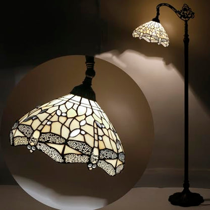 WERFACTORY Tiffany Floor Lamp Cream Stained Glass Dragonfly Arched Lamp