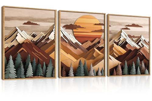 KAIRNE Woodcut Mountain Landscape Framed Canvas Wall Art Set-12"x16"x3 - color: Wood Sun Mountain Wall Art, size: 12"L x 16"W