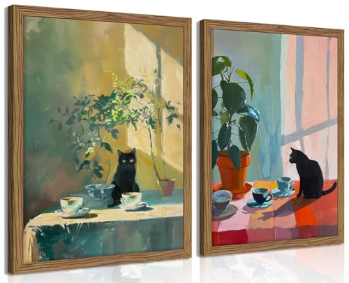 Framed Black Cat Wall Art Set of 2, Vintage Funny Cat Coffee Canvas Wall Decor Paintings, Moody Cute Animal Artwork Prints Picture for Kitchen Dining Room Living Room 16x24 Inch - color: Cat and Coffee, size: 24L" x 16W"