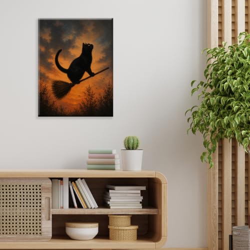 Halloween Wall Art Framed Canvas Print Black Cat Broom Poster - color: O