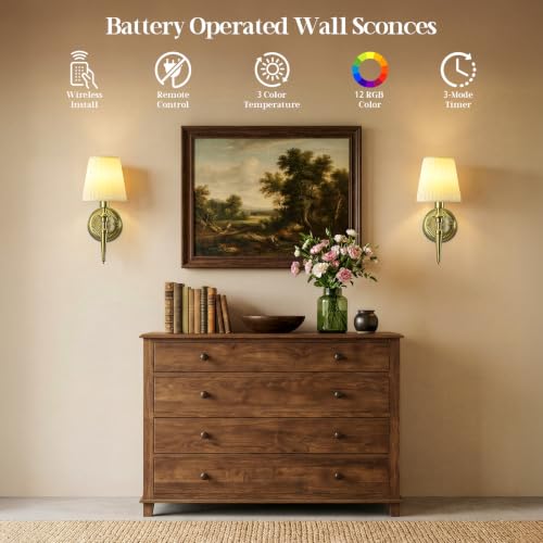 Battery Operated Wall Sconces Set of 2, Wireless Wall Lights with 12 RGB Colors and 3CCT Dimmable, Small Fabric LED Wall Lamps for Bedroom, Living Room, Hallway, Brass - color: Brass