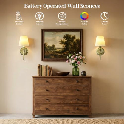 Battery Operated Wall Sconces Set of 2, Wireless Wall Lights with 12 RGB Colors and 3CCT Dimmable, Small Fabric LED Wall Lamps for Bedroom, Living Room, Hallway, Brass - color: Brass