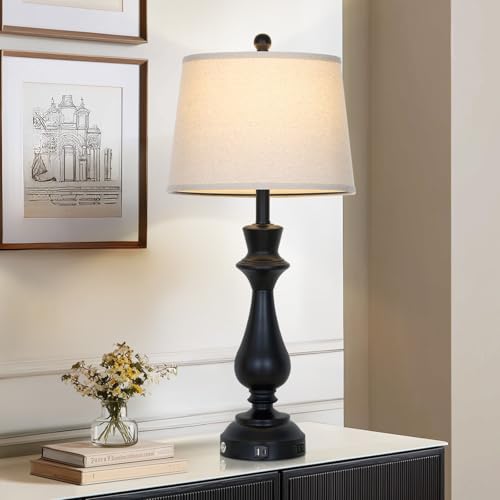 Cinkeda Touch Lamps for Night Stand - 29.5" Tall Bedside Lamp with USB C+A, 3 Way Dimmable Bedroom Lamps, Black Metal Table Lamps for Living Room,Single Black - color: Black-1P