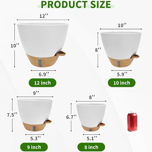 12/10/9/8 inch Self Watering Pots with Visual Water Window, Extra Large Self Watering Plant Pot with Drainage Holes and Saucers, White Flower Pots for Indoor Plants - color: White