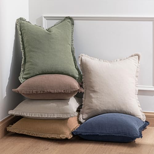 Linen Fringe Pillow Covers 20x20 Inch Set of 2,Light Olive Green - color: Light Olive Green, size: 20" x 20" (Pack of 2)