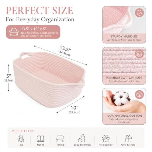 XUANGUO Medium Woven Cotton Rope Storage Basket with Handles, Light Pink - color: Light pink