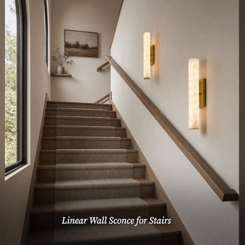 Alabaster Wall Sconce, 20in Linear Gold Brass Wall Sconces, Luxury Marble Look Bathroom Vanity Light, 3000K Dimmable Hardwired Wall Lamp for Living Room Bedroom Hallway, 1 Pack, Faux Alabaster - color: Gold-20in-1pcs