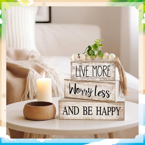 Moucuny 4 Pcs Inspirational Farmhouse Table Decor Rustic Stacked Wooden Block Sign - Live More Worry Less Be Happy Centerpieces Set with Beaded Tassel and Artificial Plant for Home, Office, Shelf Gift - style: Be Happy