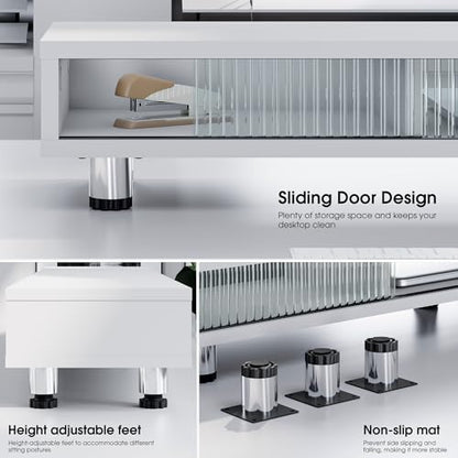 Fenge Dual Monitor Stand with Storage, Desk Shelf with Glass Sliding Door - color: White
