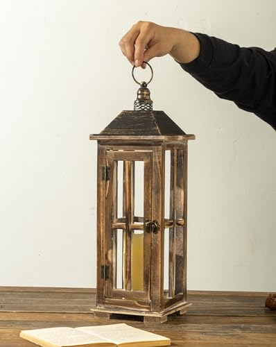 Large Farmhouse Wooden Decorative Lantern Set of 2, Rustic Distressed Brown Burnt Wood Floor Candle Lanterns, Indoor/Outdoor Hanging Lanterns for Home Decor (No Glass) - color: Burnt Brown