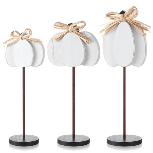 Thyle 3 Pcs Fall Pumpkin Decor, Wooden, White - color: White