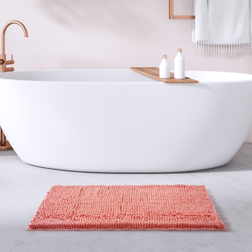 FRESHMINT Chenille Bathroom Rugs Mat 32”x20”, Non-Slip Bath Mat for Bathroom Floor & Bathtub, Washable Soft Shower Shag Bath Rugs, Durable Fluffy Thick Water Absorbent Microfiber Shower Mat, Coral - color: Coral, size: 1'8" x 2'8" (Rectangular)
