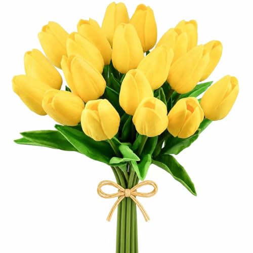 Mandy's 20 Stems Yellow Artificial Tulip Flowers for Home Centerpieces - color: Yellow 20pcs