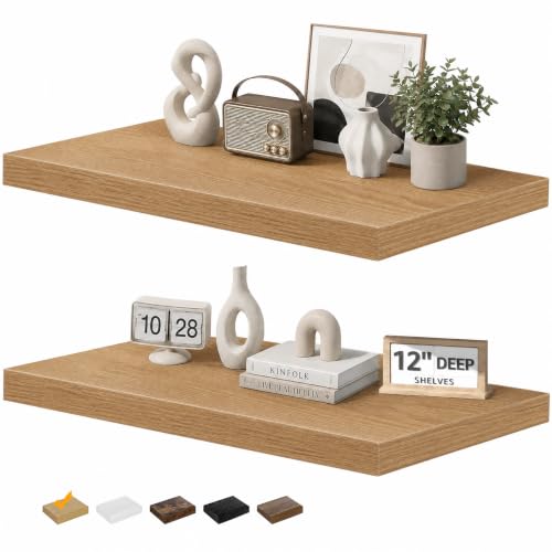 RICHER HOUSE 12" Deep Floating Shelves, 24 Inch Long Rustic Wood Wall Shelf - color: Oak, size: 24in