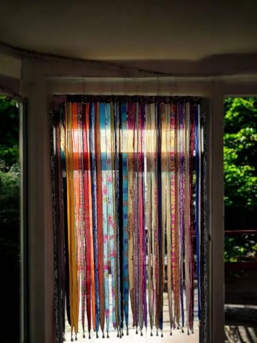 Mango Gifts Vintage Silk Sari Curtain – Bohemian Multicolor Room Divider, Light Filtering Window Curtain with Rod Pocket, Handmade Boho Doorway Drape for Living Room & Bedroom, 85 x 45 Inch - color: Multi Color