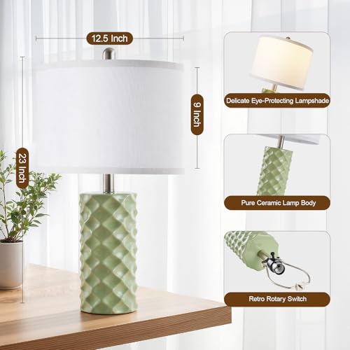 Star Diamond Ceramic Table Lamps Set of 2 - Sage Green Nightstand Lamps 23" - color: Sage Green
