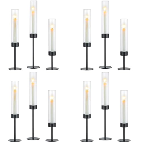 Hewory Black Hurricane Candle Holders: 12 PCS Tall Taper Candlestick Candle Holders Bulk for Candlesticks Candle Sticks Holder Decor for Table Centerpiece Wedding Party Christmas Decorations - color: Black, size: 12PCS