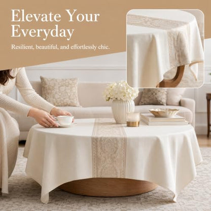 Rectangle Linen Tablecloth Retro Floral Spillproof Cloth 55x134 Inch - color: Beige Hh, size: 55"x134"fits 12 seats (table length 110"-116")