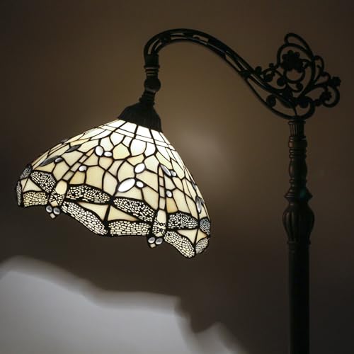 WERFACTORY Tiffany Floor Lamp Cream Stained Glass Dragonfly Arched Lamp