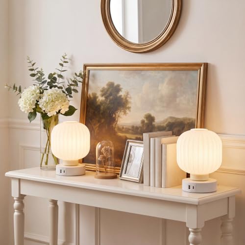 Elenhome Touch Bedside Glass Table Lamp Set of 2 with 3 Way Dimmable Light, Small Table Lamps with USB C+A Charging Ports - Bedroom Nightstand & Living Room Essential, Bulb Included - color: White_2pack