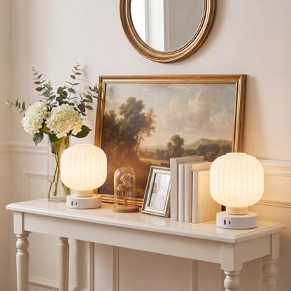 Elenhome Touch Bedside Glass Table Lamp Set of 2 with 3 Way Dimmable Light, Small Table Lamps with USB C+A Charging Ports - Bedroom Nightstand & Living Room Essential, Bulb Included - color: White_2pack